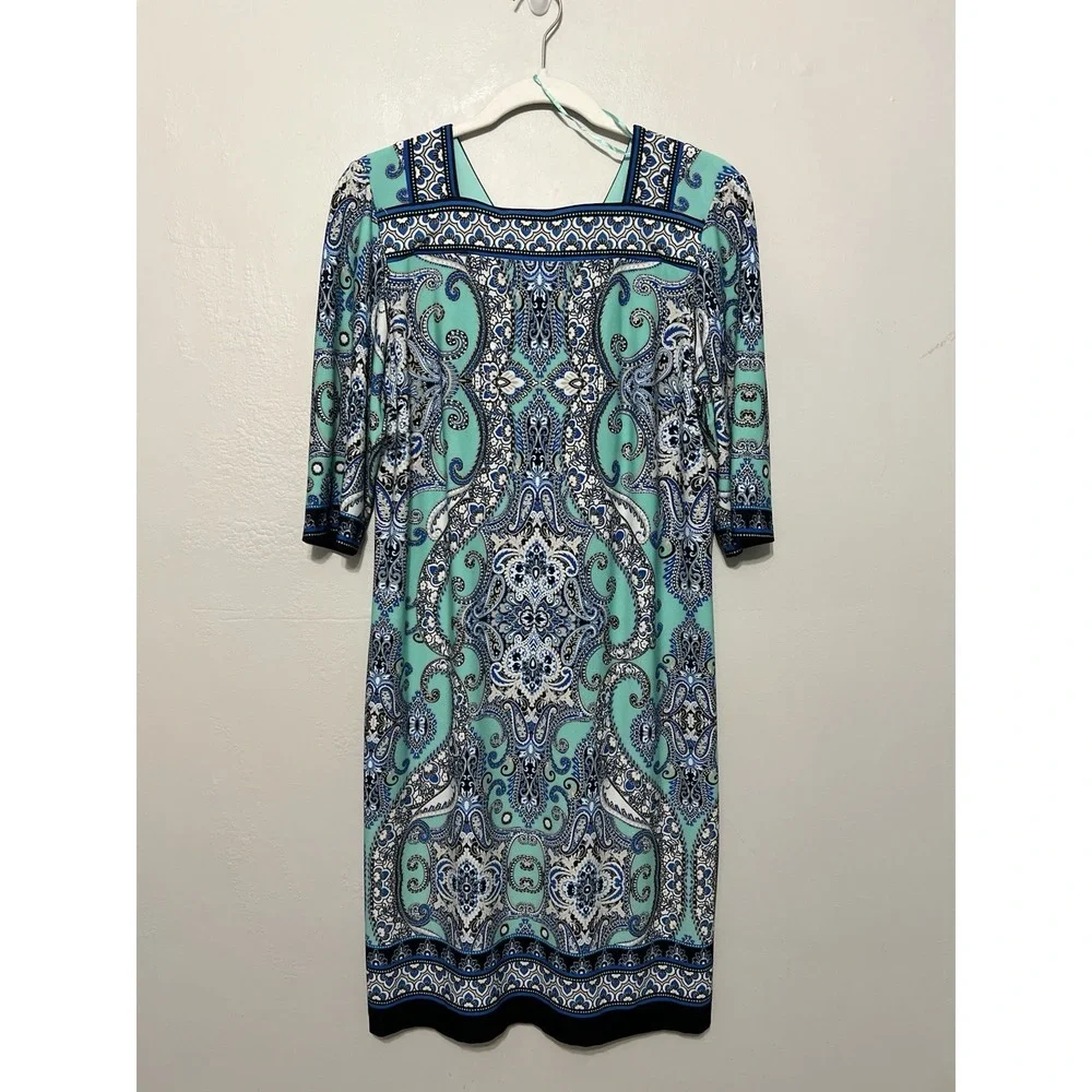 Teal Blue White Beige‎ Paisley Artsy Career Professional Office Dress L